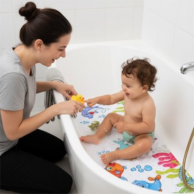 bebe maman sourir tapis debains motif aquatique