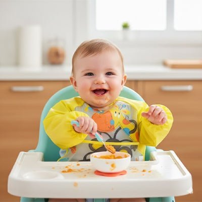 bavoir bebe repas chaise haute bleu cuillere