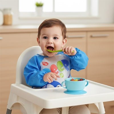 bavoir bebe repas debout bleu motif voiture 