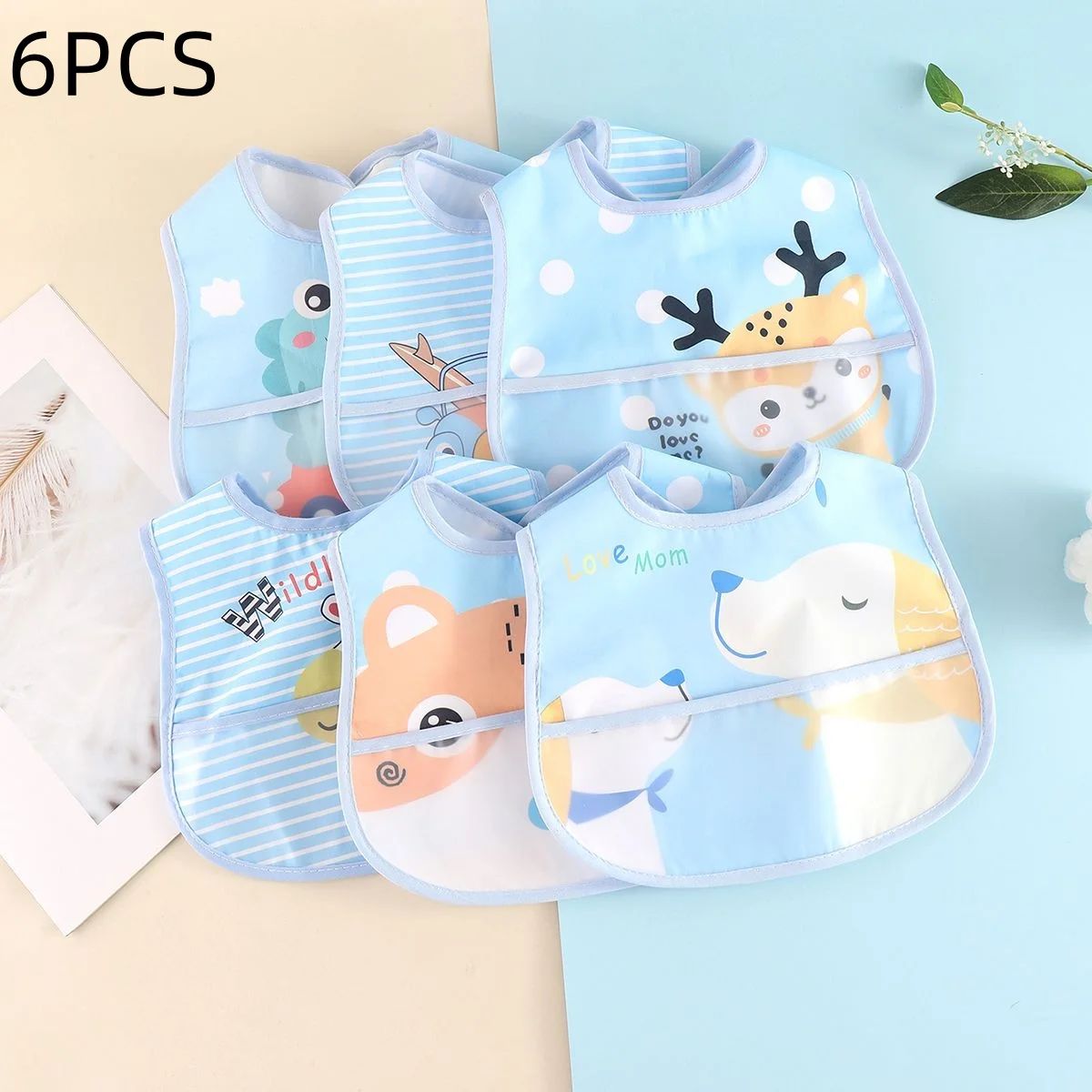 bavoir bebe lot 6 pieces bleu motifs animaux