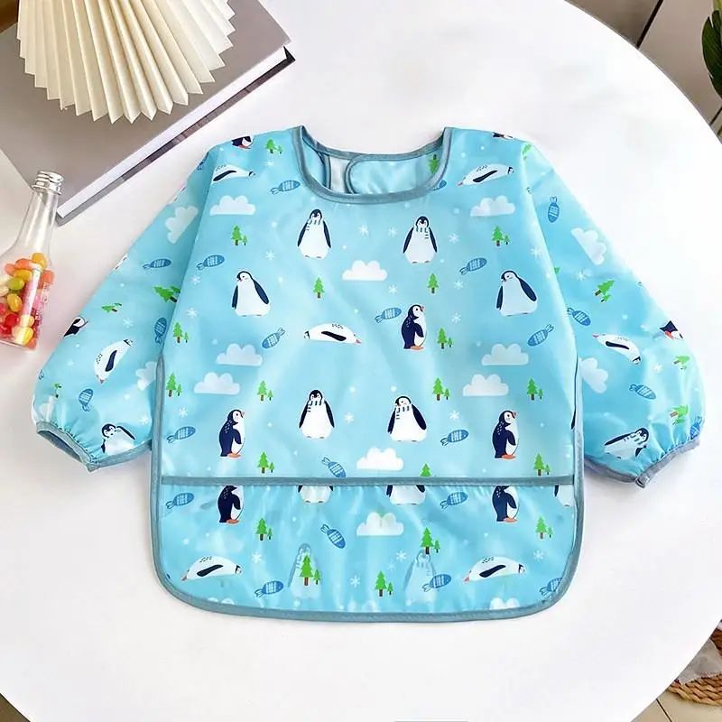 bavoir bebe manches longues bleu pingouin motif