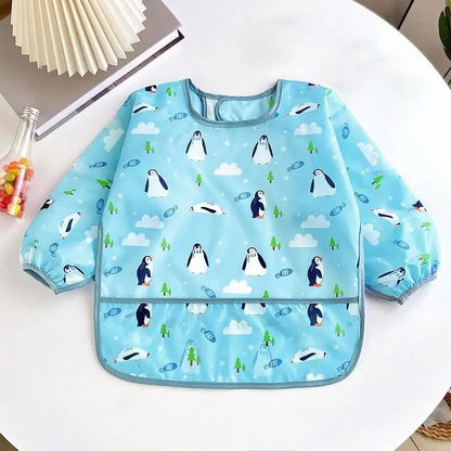 bavoir bebe manches longues bleu pingouin motif