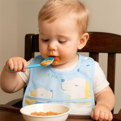 bavoir bebe repas bebe chaise haute bleu chien