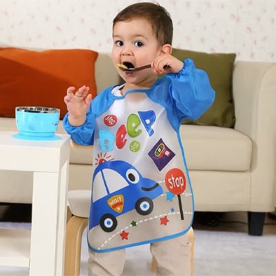 bavoir bebe repas chaise haute bleu cuillere