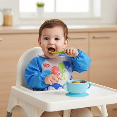 bavoir bebe repas debout bleu motif voiture