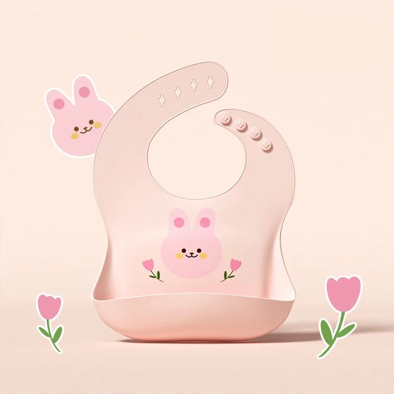 bavoir silicone bebe modele lapin rose fleurs