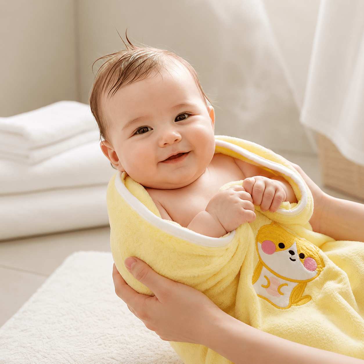 serviette de bain bebe poupi rire